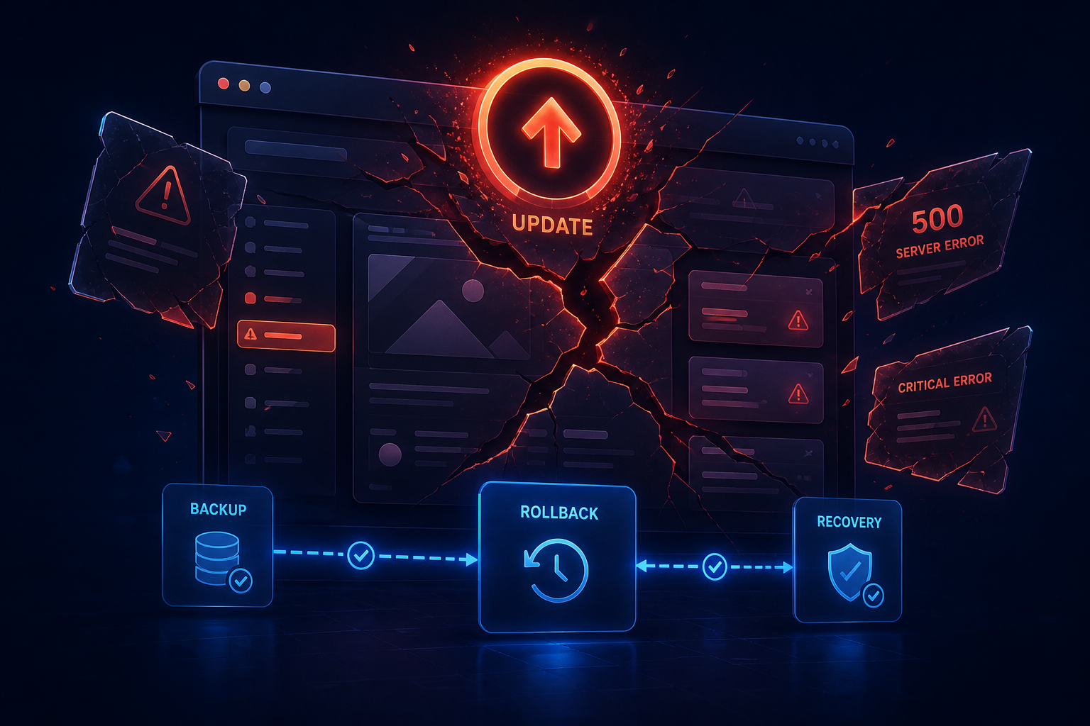 Abstract illustration of a website dashboard cracked by a failed update with a recovery path highlighted