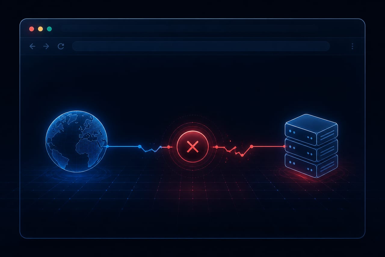 Abstract illustration of a failed website load with a broken network path from globe to server
