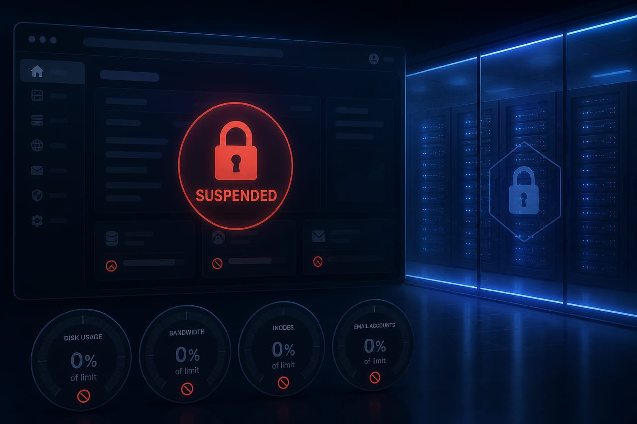 Abstract illustration of a locked hosting panel and dimmed servers behind a suspended account barrier