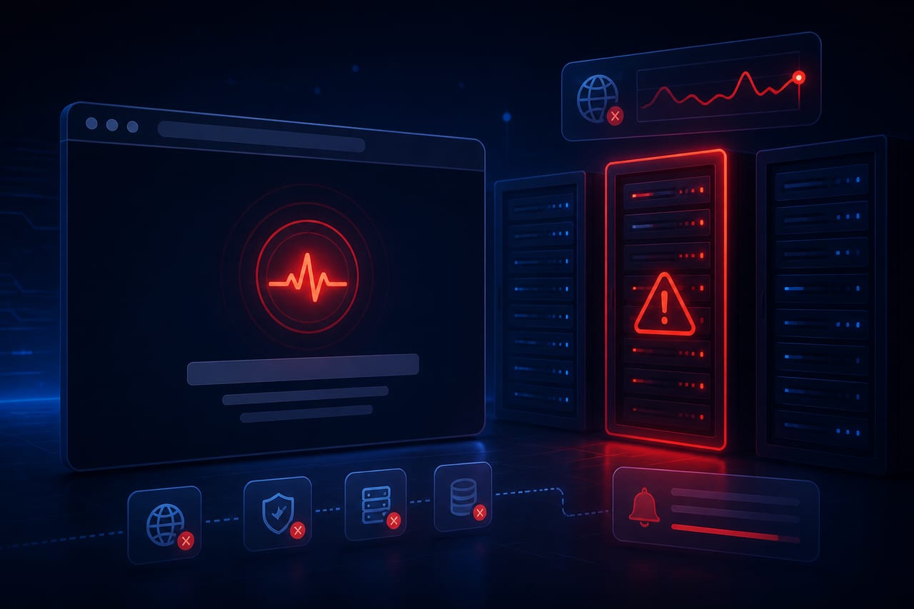 Abstract illustration of offline server racks and a blank browser window with red downtime indicators