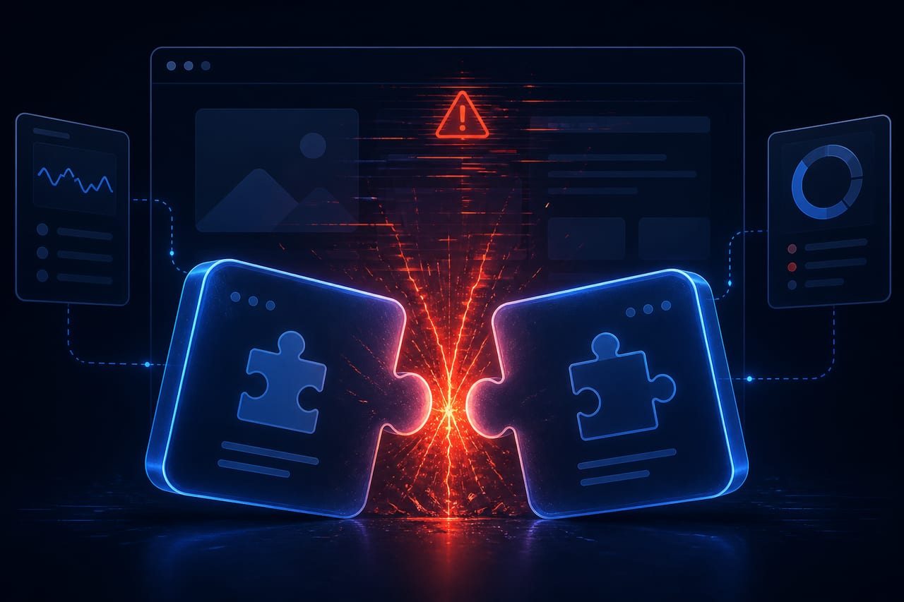 Abstract illustration of two plugin modules colliding with red conflict sparks over a flickering site silhouette