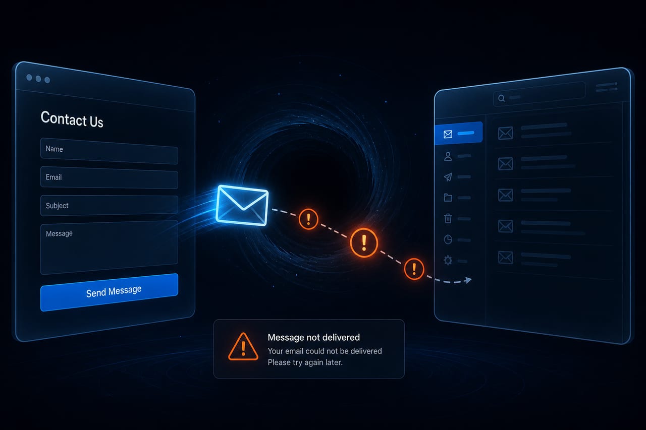 Abstract illustration of a contact-form message failing to reach an inbox along an undelivered path