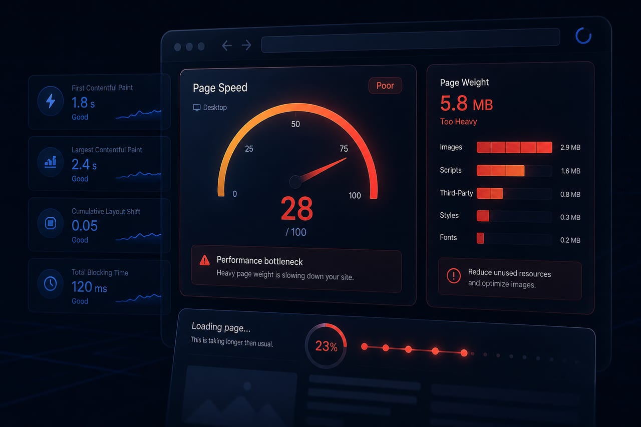 Abstract illustration of a website speed gauge in the warning zone with heavy page-weight bars