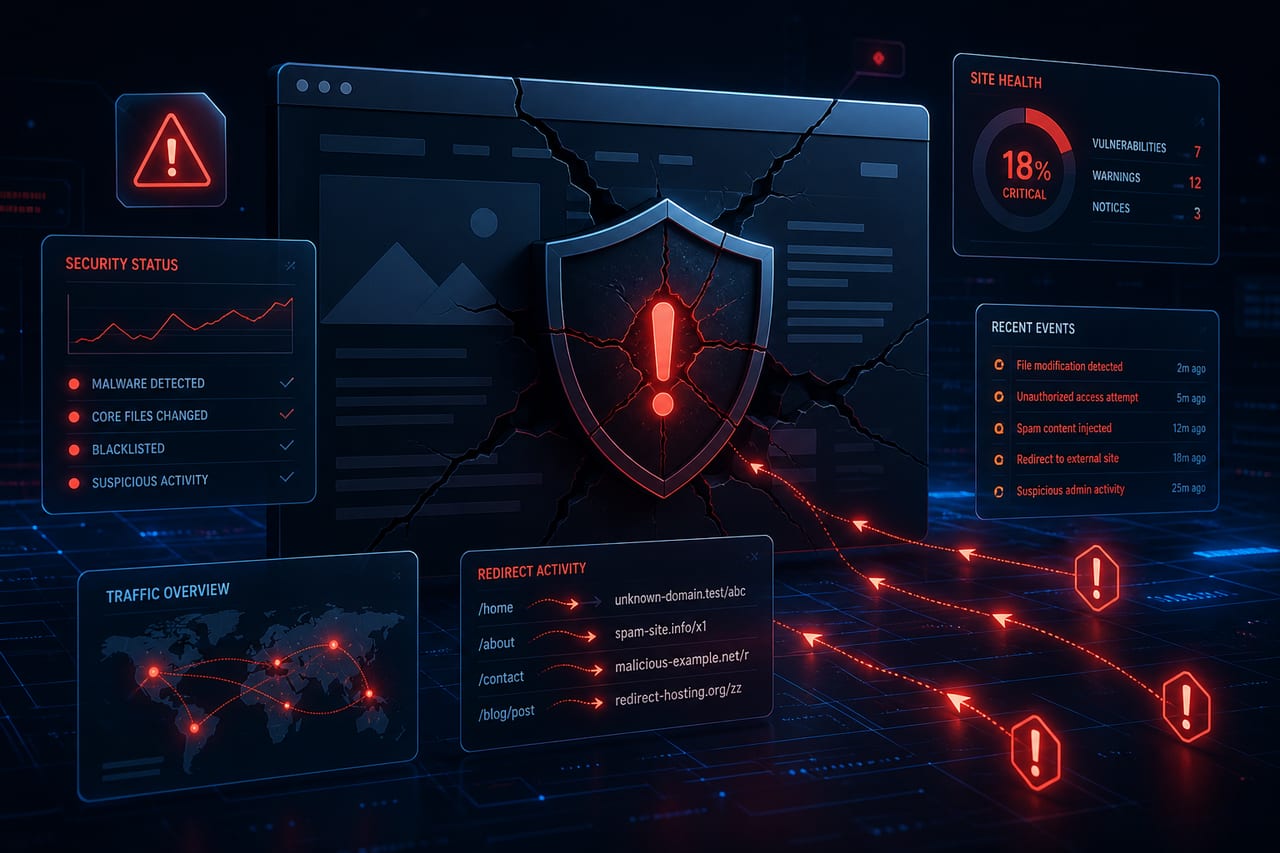 Abstract illustration of a compromised website with cracked panels, a fractured security shield, and red warning indicators